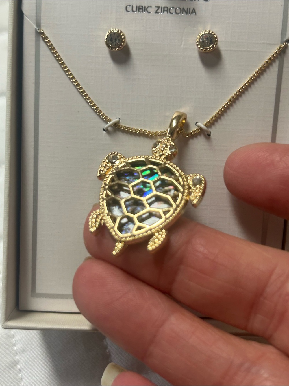 Gold Turtle Pendant Necklace & CZ Stud Earrings Multicolor Inlay NIB - Picture 2 of 2